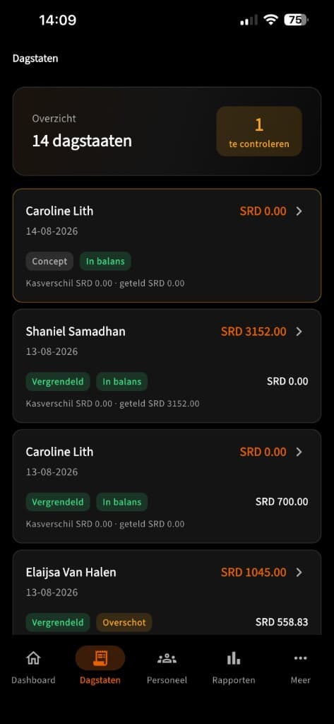 Cashflow Pro daily statements list with check status, cash difference, and locked reports