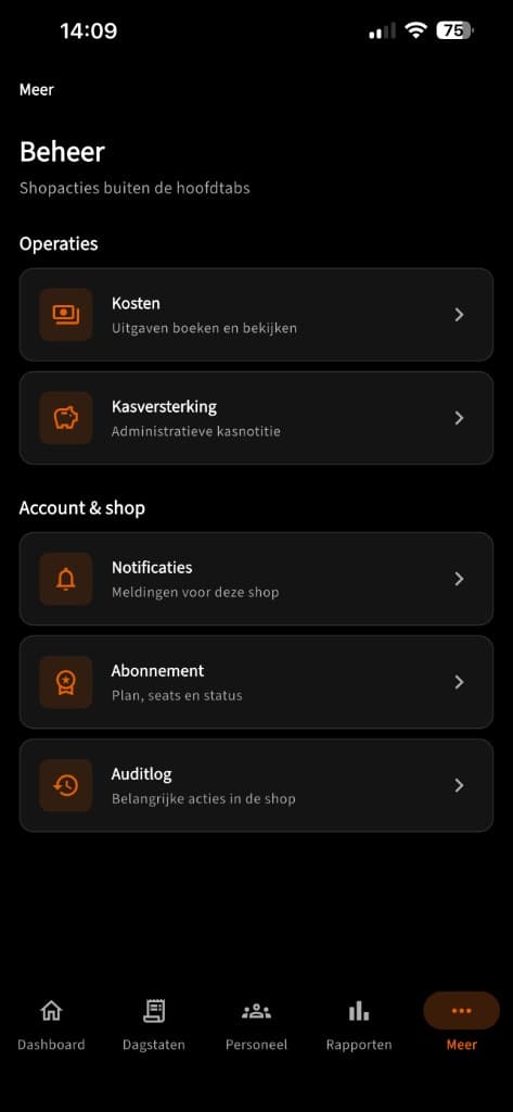 Cashflow Pro shop management with costs, cash notes, notifications, and audit log