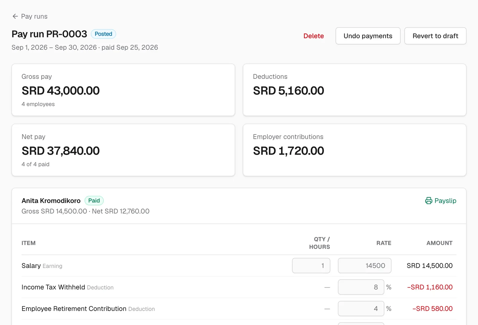 A posted CoreBooks pay run with gross pay, deductions, net pay, and an employee's payslip lines