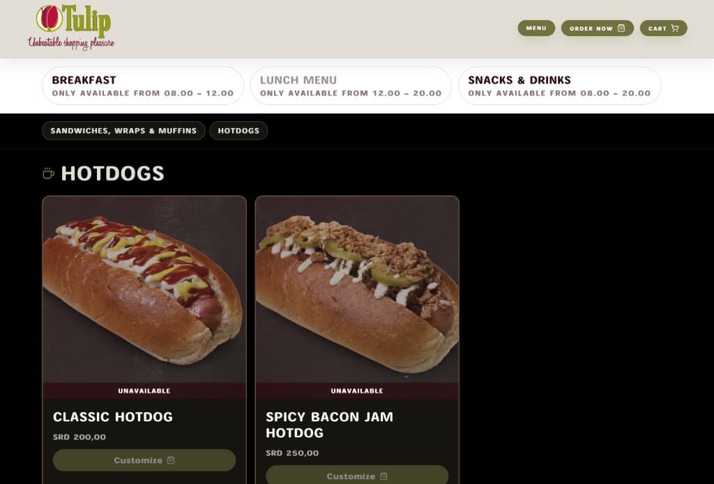 CoreMenu dish cards with prices, availability, and customize actions