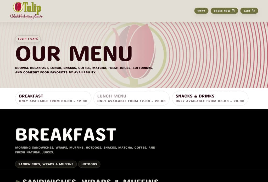 CoreMenu guest menu with breakfast, lunch, and snacks by availability