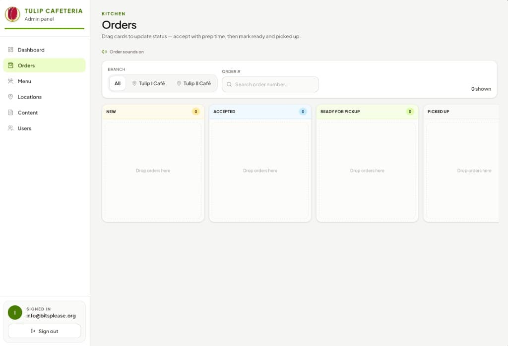 CoreMenu kitchen order board with drag-and-drop status columns
