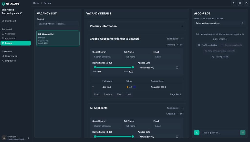 CoreRecruit review screen with graded applicants and AI co-pilot