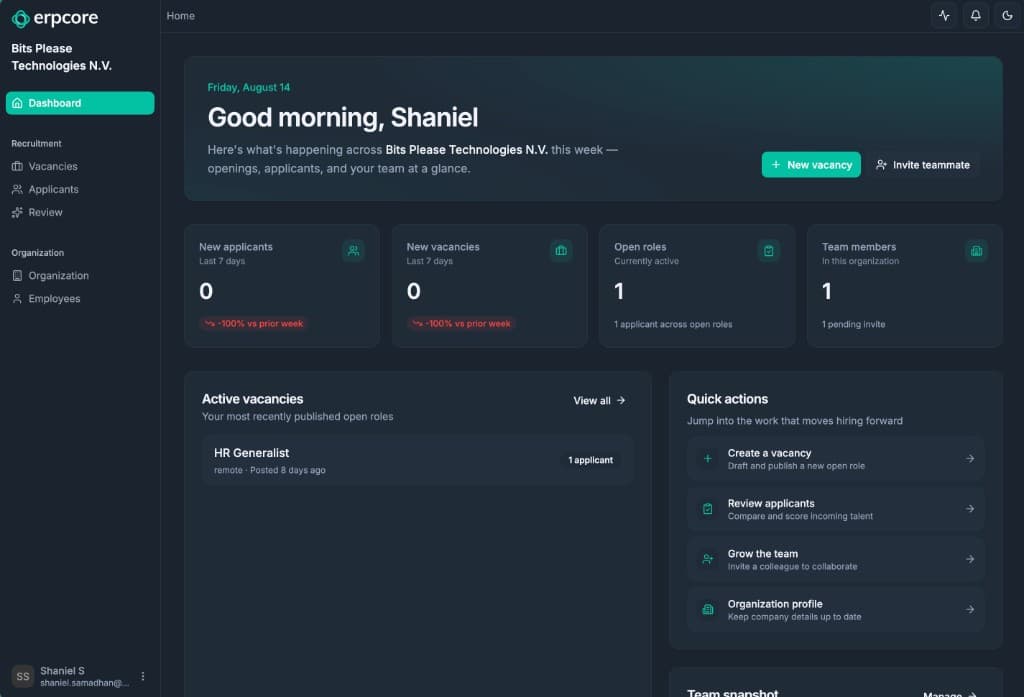 CoreRecruit dashboard with vacancies, applicants, and hiring activity