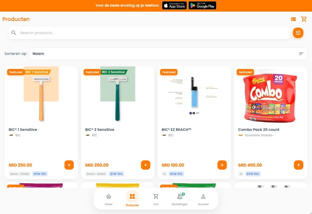 Gemak.sr Sales product catalog with search, filters, prices, and stock