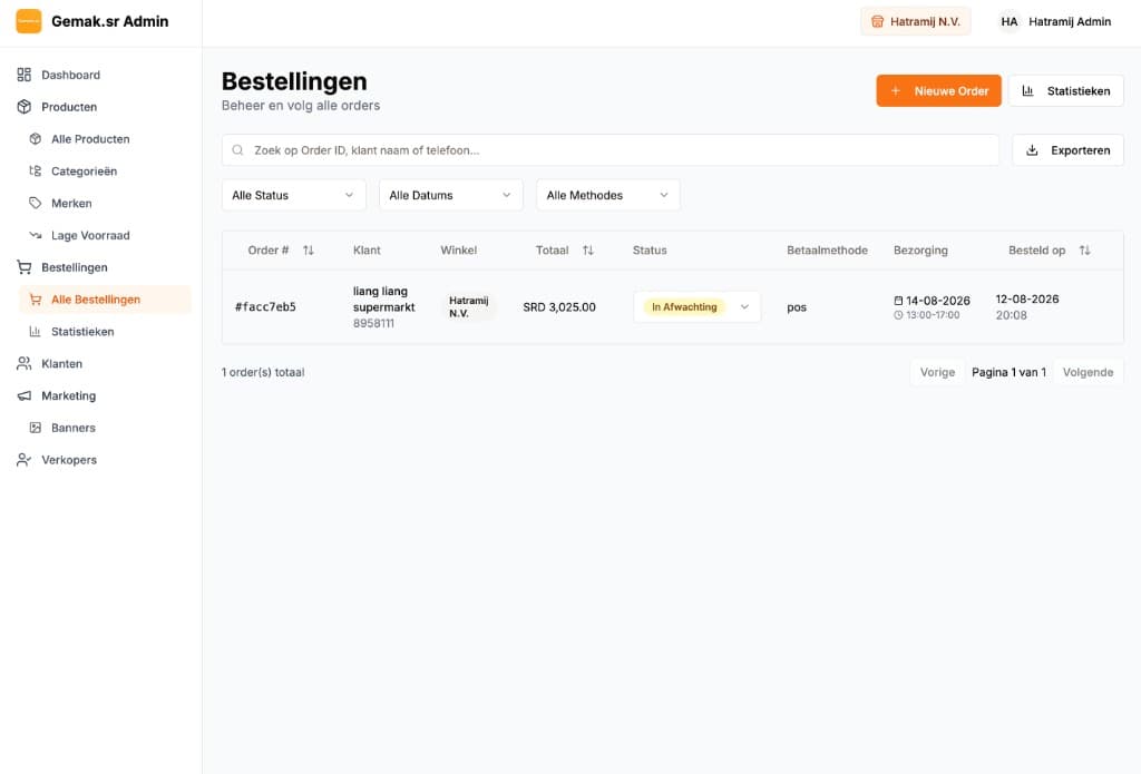 Gemak.sr Admin orders list with status, payment, and delivery windows