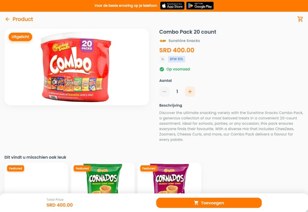 Gemak.sr Sales product page with stock, quantity, and add to order