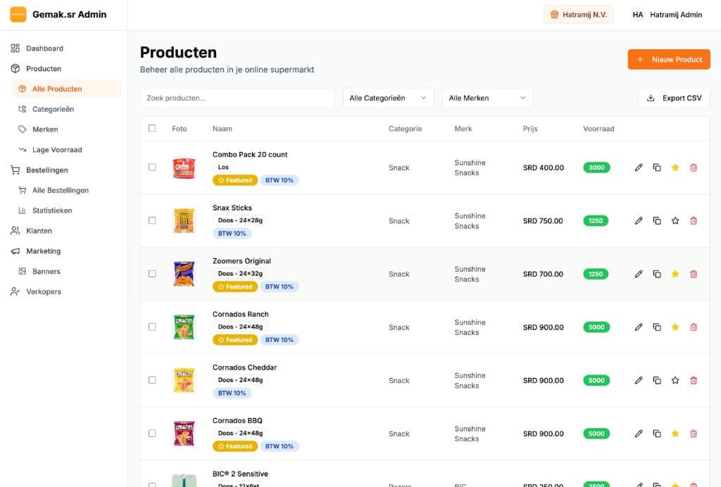 Gemak.sr Admin products table with pricing, stock, and catalog actions